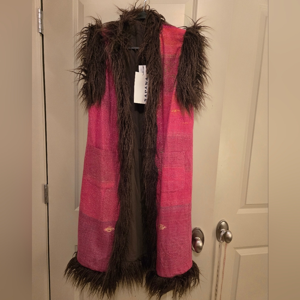 Women's Sapana Pink and Brown Fur-Trimmed Vest